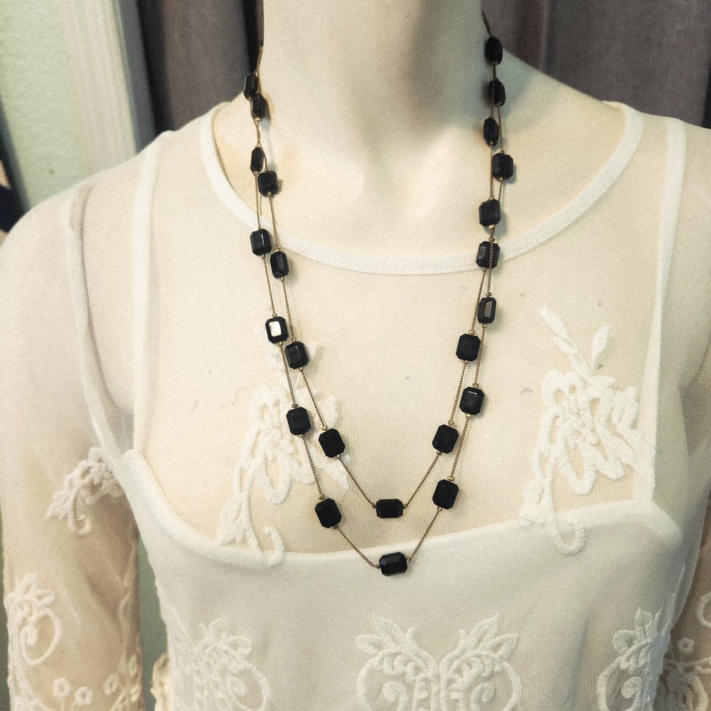 Vtg Two Strand Geometric Black Bead Necklace West Germany Old Money